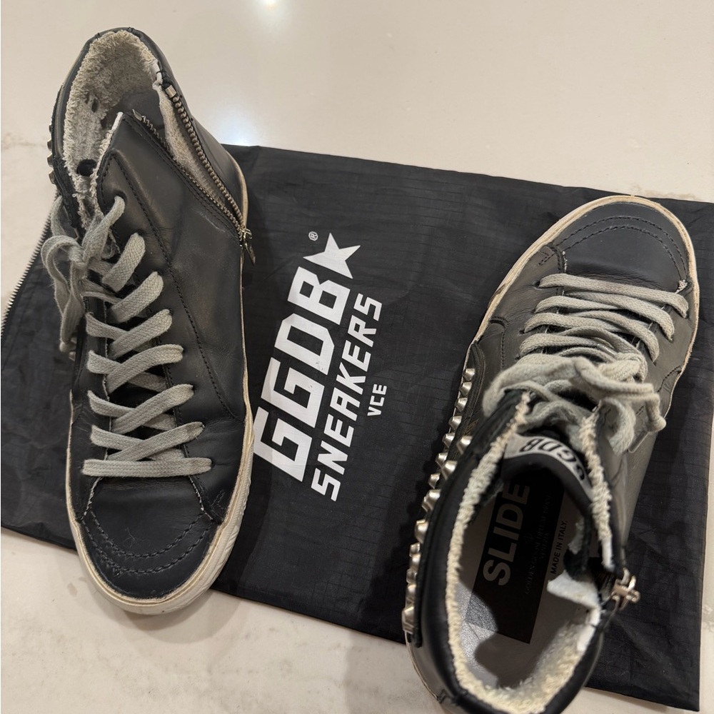 Golden Goose Black Leather Studded High-Top Sneakers with Gray Laces - Picture 9 of 11